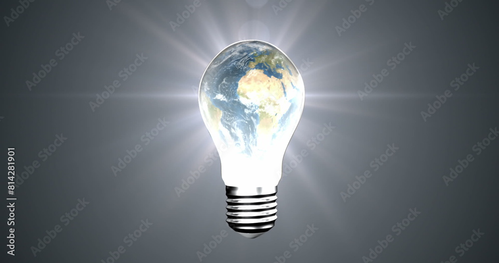 Poster image of circuit board pattern and globe in illuminated light bulb against abstract background