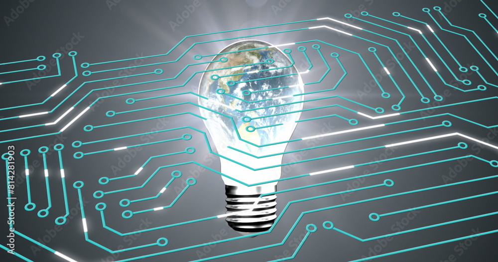Poster image of circuit board pattern and globe in illuminated light bulb against abstract background
