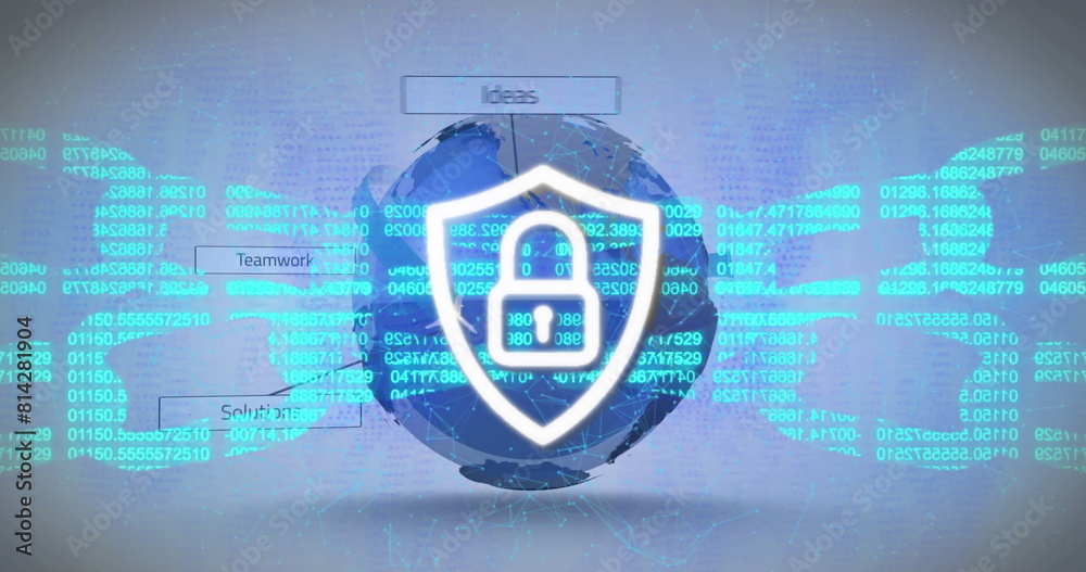Poster image of padlock in shield, blockchain over texts around globe over abstract background