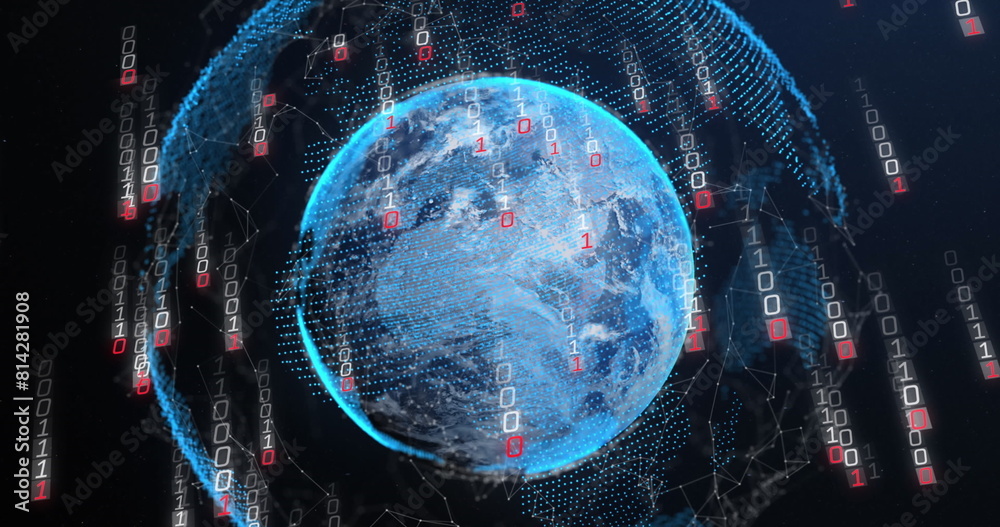 Poster image of glitched falling binary codes over connected dots around globe on black background