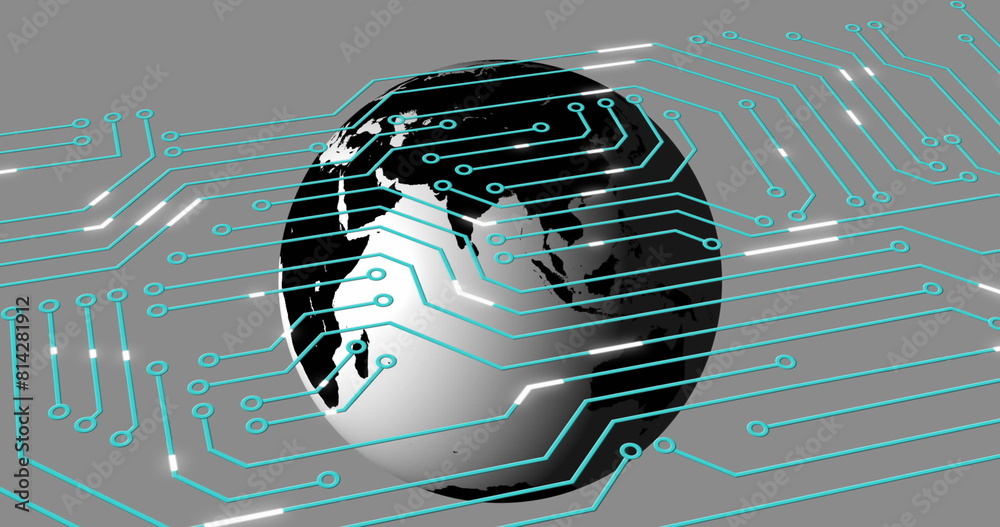 Poster image of circuit board pattern and rotating globe over gray background