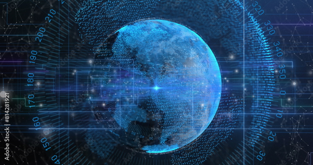 Poster image of numbers around circles and lines over connected dots around globe