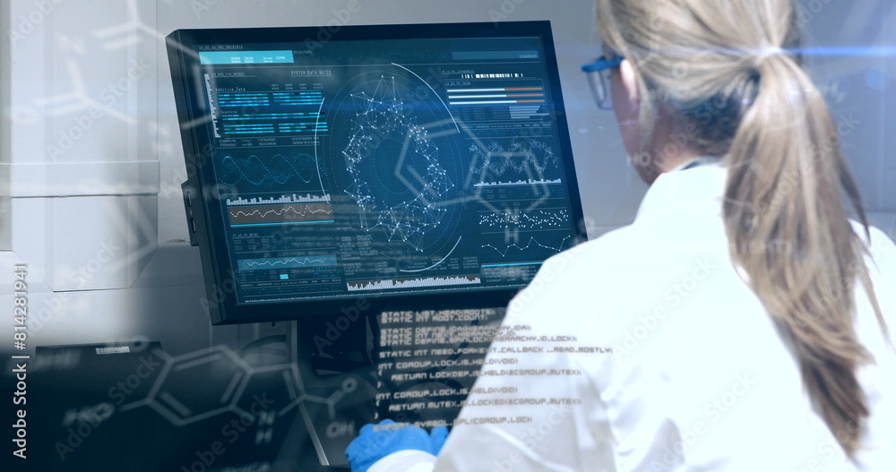 Poster image of data processing over caucasian senior female scientist using computer at laboratory