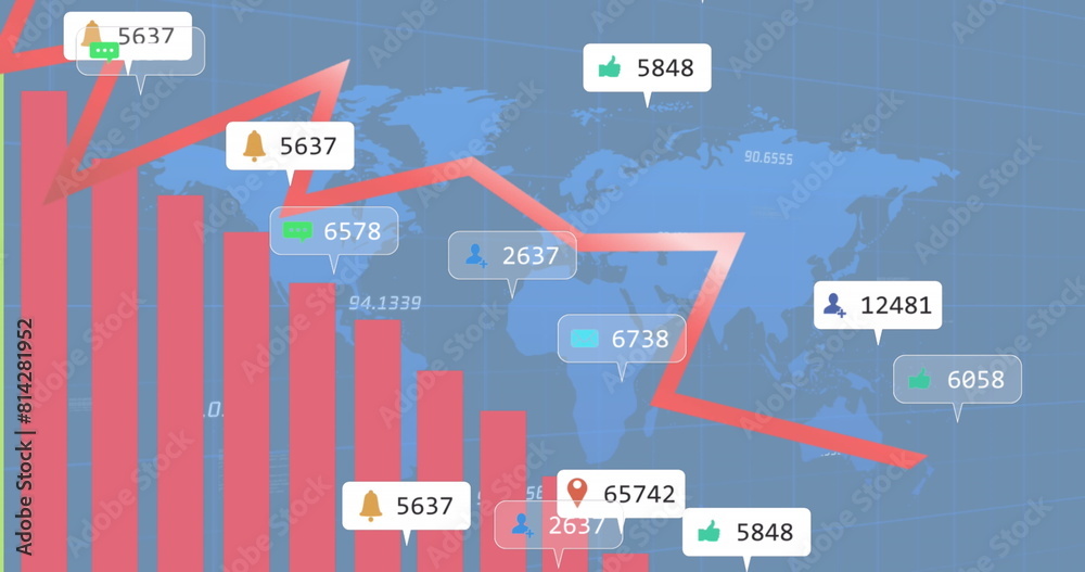 Poster image of graphs, notification bars and numbers with map over blue background