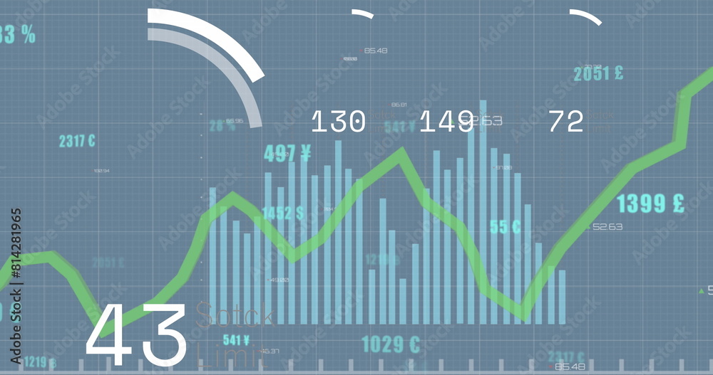 Poster image of changing numbers with loading circles over graphs against blue background
