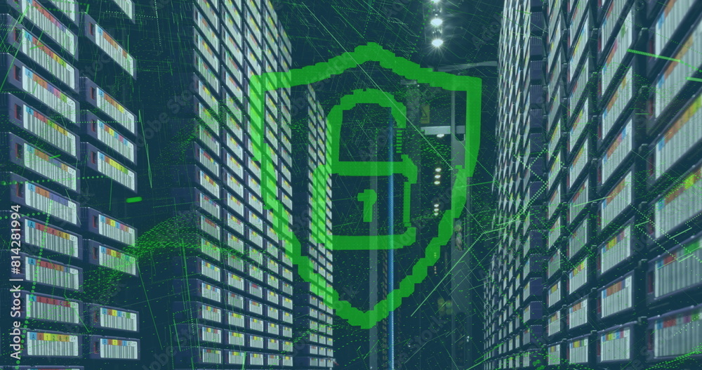 Poster image of padlock in shield and dynamic waves over large data server room