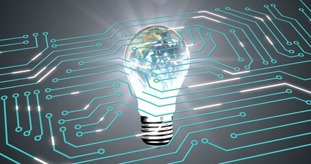 Image of circuit board pattern and globe in illuminated light bulb against abstract background