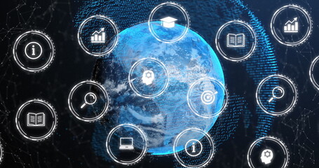 Image of icon in circles over connected dots around globe against abstract background