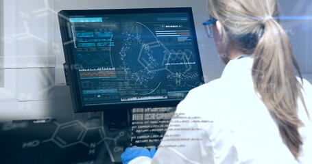 Image of data processing over caucasian senior female scientist using computer at laboratory - Powered by Adobe