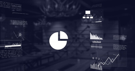 Image of multiple graphs, laptop with cloud icon and computer language over abstract pattern