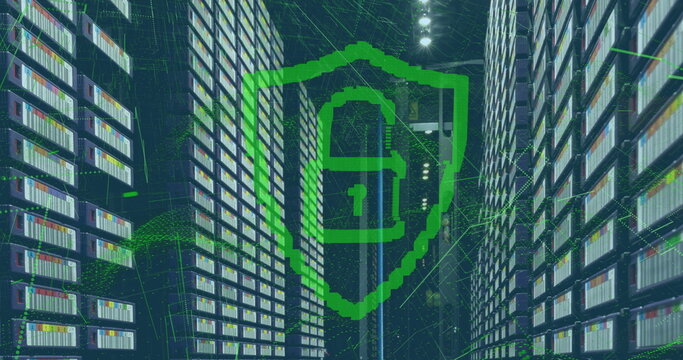 Image of padlock in shield and dynamic waves over large data server room