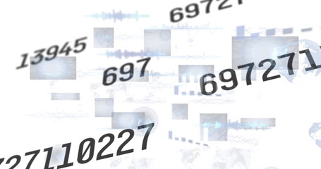 Image of numbers changing and data processing over screens on white background
