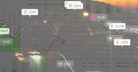 Image of social media icons and data processing over cityscape