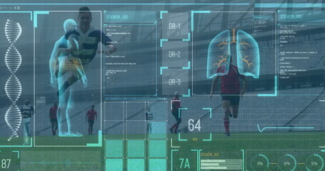 Image of digital interface with data processing over football players