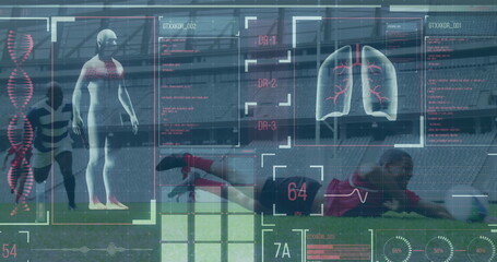 Image of digital interface with data processing over football players