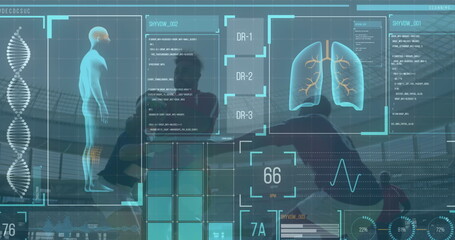 Image of digital interface with data processing over football players