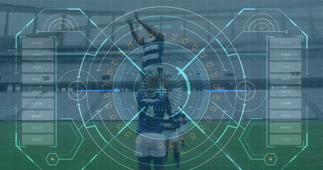 Image of digital interface with scope scanning over football players