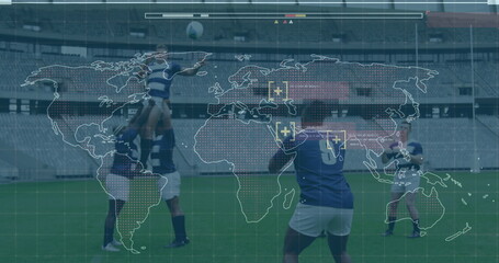Image of digital interface with world map over football players