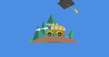 Digital image of graduation hat icons falling over school bus icon against blue background