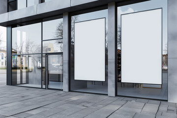 Two empty billboards on a building facade for advertisement mockup, with a city street background, under daylight. Generative AI