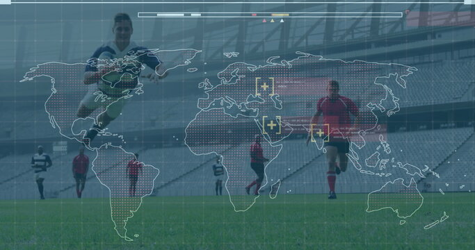 Image of digital interface with world map over football players - Powered by Adobe