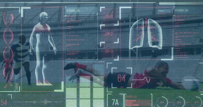 Image of digital interface with data processing over football players