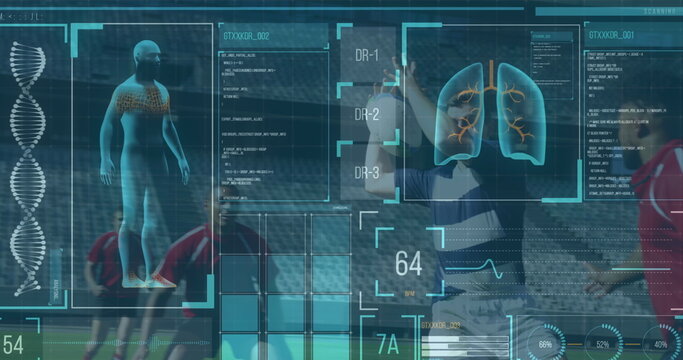 Image of digital interface with data processing over football players