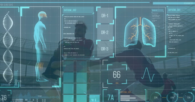 Image of digital interface with data processing over football players