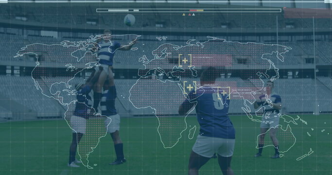 Image of digital interface with world map over football players - Powered by Adobe