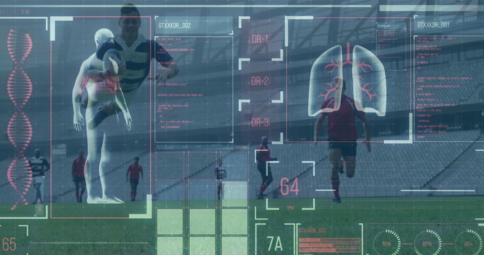 Image of digital interface with data processing over football players