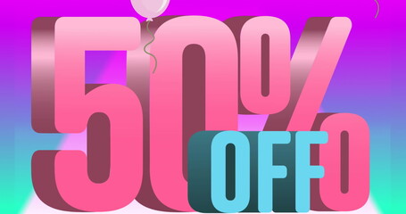 Image of balloons over 50 percentage off text on green background