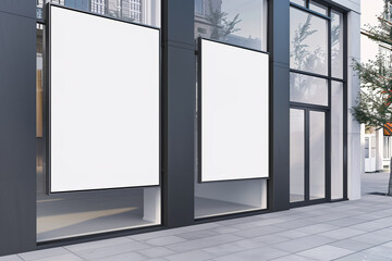 Two empty billboards on a modern building exterior, ideal for advertisement mockups, against an urban backdrop, Generative AI.