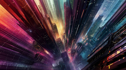 an abstract image composed of intricate lines, geometric shapes, and vibrant colors, representing a futuristic cityscape 