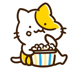 ポップコーンを食べるかわいいねこのキャラクターのコミカルなイラスト