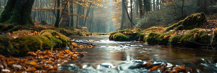 Little bend in a mossy stream in autumn realistic nature and landscape