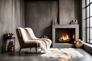  Accent chair with fur throw against concrete wall with fireplace. Loft home interior design of modern living room.