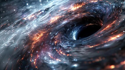 A digital visualization of a black hole vortex, with streams of light spiraling into its dark center