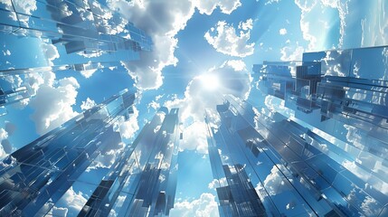A futuristic cityscape with buildings made entirely of liquid chrome, reflecting the sky above