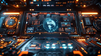 Obraz premium A futuristic graphic interface display for a spacecraft control panel, featuring holographic buttons and 3D maps