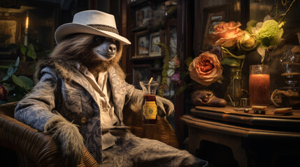 Envision a debonair sloth in a tailored linen suit, accessorized with a Panama hat and a cigar.