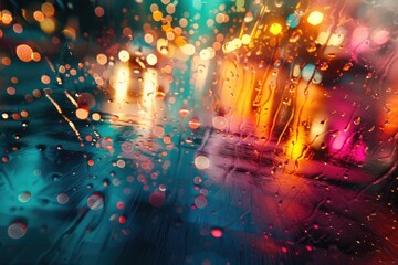 Raindrops on a window with bokeh lights in the background. AIG51A.