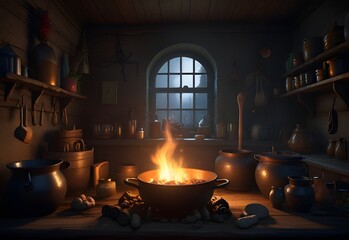 witch’s kitchen with bubbling cauldrons, generative AI