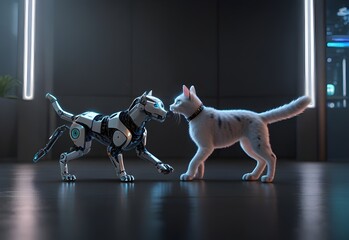 robot dog chasing a holographic cat, generative AI