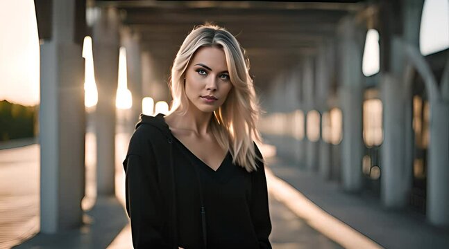 une femme blonde dans un sweat-shirt noir &agrave; col en V