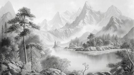 Sketch a detailed pencil drawing depicting a natural scenery, capturing the minute details of the landscape, including trees, mountains, and a flowing river