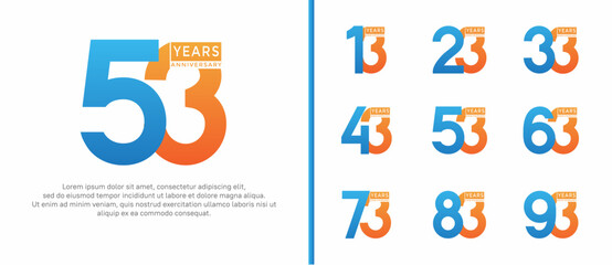 anniversary logo style set with blue and orange color can be use for celebration moment