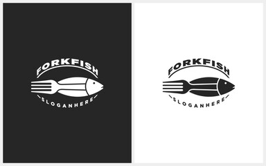 Abstract Fork Fish logo vector. Graphic combination of fish with a minimalist fork for restaurants, food stalls, fish consumption shops, etc. Simple creative icon style. Modern illustration template.
