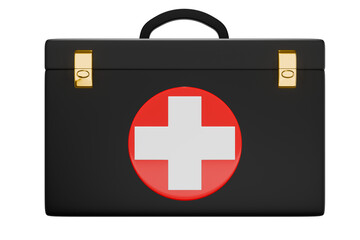 First aid kit, black medicine box, emergency vehicle, ambulance medical assistance, care and rescue, emergency accident concept 3 showing cutting path icon.