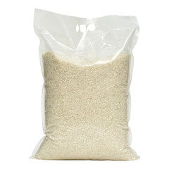5 Kg rice packaging mockup. Plastic rice in a bag. Transparent bag of white rice. Cropped premium...