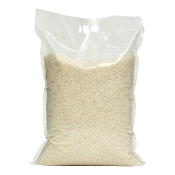 5 Kg rice packaging mockup. Plastic rice in a bag. Transparent bag of white rice. Cropped premium rice packaging mockup. 